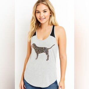 PINK Victoria’s Secret Heather Grey Sequin Dog Logo Razorback Mesh Tank Top